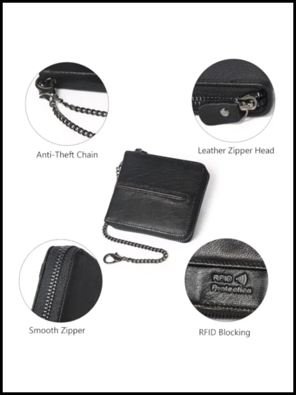 Genuine Leather Mens RFID Blocking Wallet Bifold Credit Card Holder With Chain